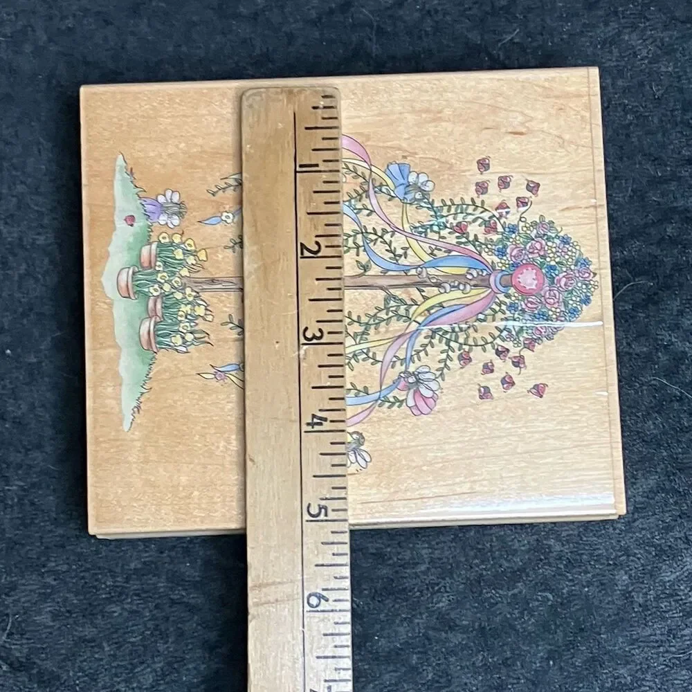 Stamps Happen Large Maypole Rubber Stamp Linda Grayson Flowers Spring Ribbons